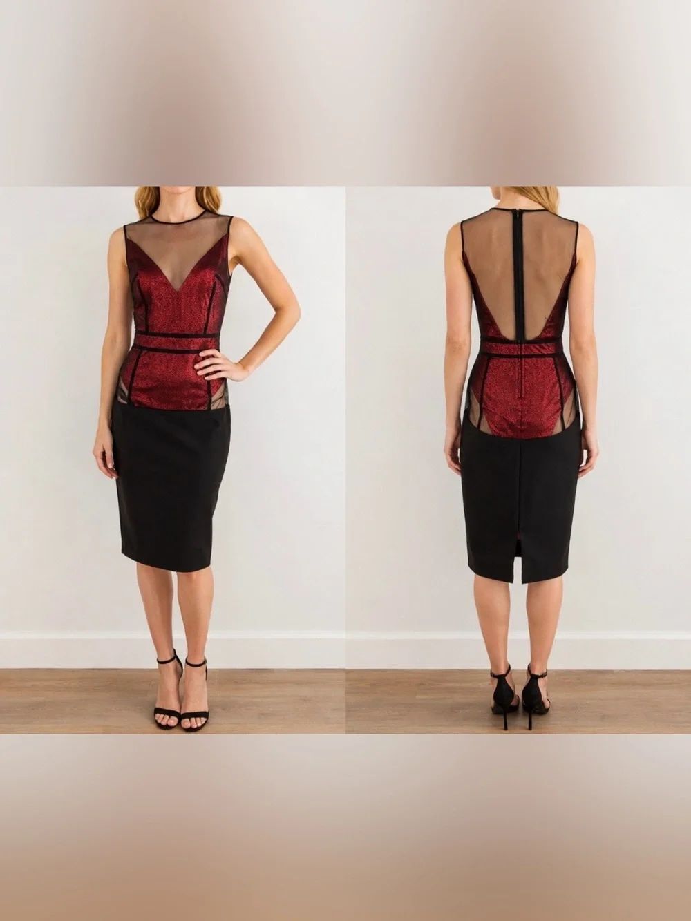 Murmur Red and Black Sheer Panel Midi Dress, US4